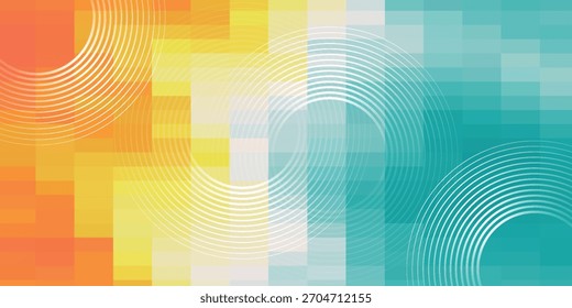 A vibrant abstract background with a pixelated color gradient from orange to teal, overlaid with white concentric semi-circles.