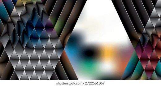 Um fundo abstrato vibrante com uma forma proeminente de diamante branco flanqueado por intrincados padrões geométricos de diamantes refletores menores. Estética moderna e futurista com cores borradas e tons metálicos.