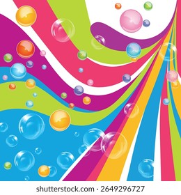 Vibrant abstract background with rainbow waves and glossy soap bubbles on white. Fun, dynamic and playful design perfect for kids' products, party themes, or summer projects