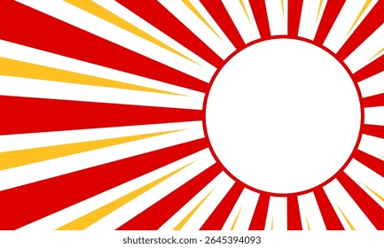 Vibrant abstract background of red and yellow sunburst design centered around white circular space.