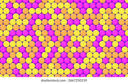 Fundo abstrato vibrante de círculos geométricos repetidos em amarelo, laranja e rosa.  Perfeito para banners de site, designs divertidos ou impressões têxteis.