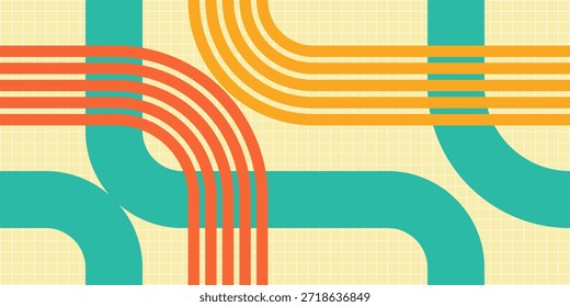 Un fondo abstracto vibrante con una estética retro, mostrando gruesas tuberías de color verde azulado y delgadas líneas naranjas y amarillas que se cruzan sobre una cuadrícula sutil, creando un patrón dinámico e interconectado.