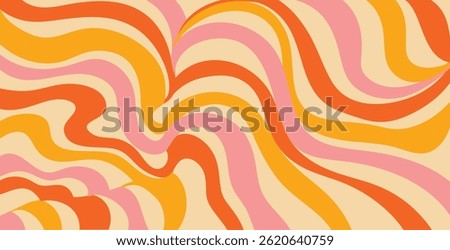 Vibrant abstract background with retro wavy lines in psychedelic and groovy 70s style. Colorful curved stripes create a dynamic, flowing composition perfect for vintage-inspired design, music posters,