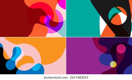 Vibrant abstract background set with overlapping shape, multicolor fluid blobs. Colorful banner and curve form. Warp pattern presentation artwork design