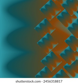 A vibrant abstract background with a sharp contrast between a teal-blue gradient on the left and a pattern of overlapping orange squares on the right. The squares have a zigzag pattern within them.