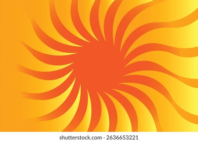 Vibrant abstract background with swirling orange sun rays and radiant gradient colors for summer, energy, or sunshine-themed design concepts.