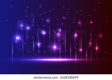 A vibrant abstract background with vertical glowing lines and sparkling lights in blue, purple, and pink hues on a dark gradient. Ideal for futuristic or festive designs.