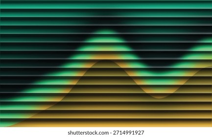 Plano de fundo abstrato vibrante com gradientes de cor ondulados visíveis através de persianas horizontais.