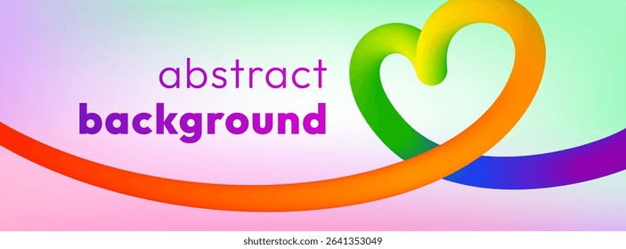 Vibrant abstract banner with smooth colorful ribbon on soft pastel holographic background. Vivid bold line flows and twists in dynamic heart shaped loops, adding motion, energy and cheerful vibe