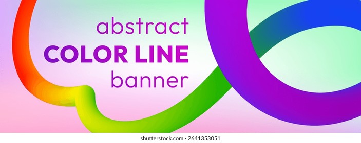 Vibrant abstract banner with smooth colorful ribbon on soft pastel holographic background. Vivid bold line flows and twists across the image in dynamic loops, adding motion, energy and cheerful vibe