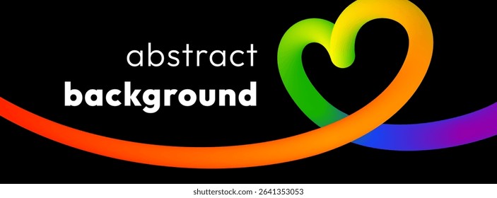Vibrant abstract banner with smooth colorful ribbon on black background. Vivid bold line flows and twists across the image in dynamic heart shaped loops, adding motion, energy and cheerful vibe