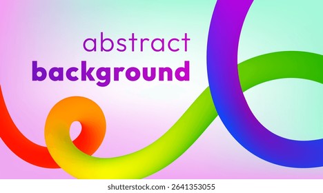 Vibrant abstract banner with smooth colorful ribbon on soft pastel holographic background. Vivid bold line flows and twists across the image in dynamic loops, adding motion, energy and cheerful vibe