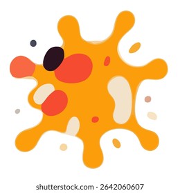 A vibrant, abstract blob of orange with various colored spots and splatters on a white background.