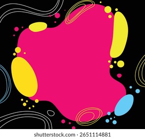 vibrant, abstract, blob-like shape in the center, surrounded by smaller organic shapes and abstract lines on a dark background