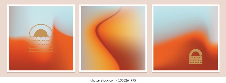 Vibrant abstract blurred gradient backgrounds in coral orange, terracotta and blue color palette with golden line logos