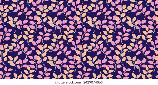 Vibrant abstract branches leaves seamless pattern on a dark blue background. Creative cute tiny leaf stems patterned. Vector hand drawn sketch doodle. Collage for printing, designs, fabric