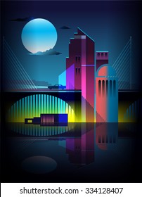 Vibrant abstract buildings and bridge at night