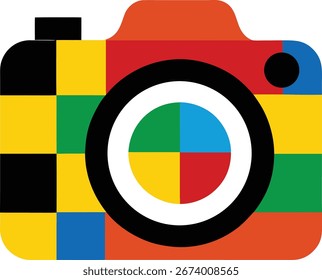 Un ícono de cámara vibrante y abstracto, con un patrón geométrico audaz con cuadrados y círculos en varios colores, que simboliza la creatividad y la Fotografía moderna.