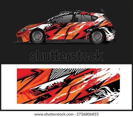 A vibrant, abstract car design with a mix of orange, red, and black patterns, shown on a vehicle and as a separate design template.