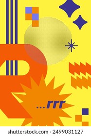 Vibrant abstract card. Composition with the letter R. Poster on a yellow background. Dynamic geometric design.