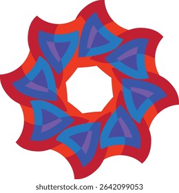 A vibrant abstract circular design featuring interlocking red, orange, and blue geometric petal-like layers radiating from a central point, ideal for modern patterns, decorative art
