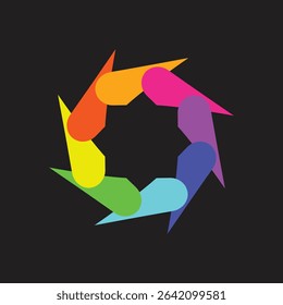 A vibrant abstract circular design featuring stylized, overlapping elements in a full spectrum of rainbow colors, resembling a camera aperture or color wheel, perfect for creative,