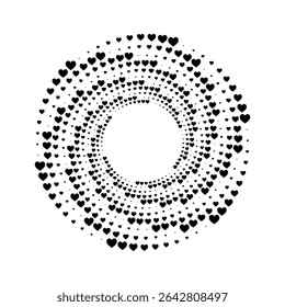 A vibrant abstract circular frame  composed black hearts  on a white background.