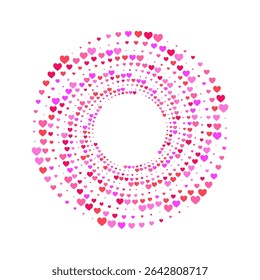 A vibrant abstract circular frame  composed of pink, magenta, and red heartson a white background.