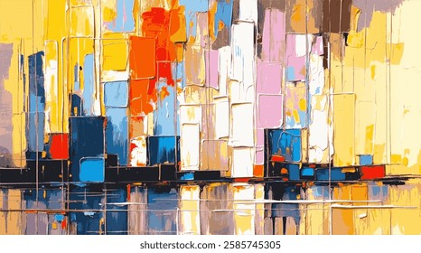 Vibrant Abstract Cityscape With Golden Yellows, Fiery Reds, and Deep Blues Reflecting Urban Energy, Geometric Depth, and Architectural Motion in a Dynamic Colorful Composition