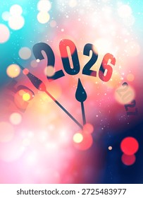 Reloj abstracto vibrante marca el Nuevo año 2026 con luces festivas y fondo bokeh. Ilustración vectorial.