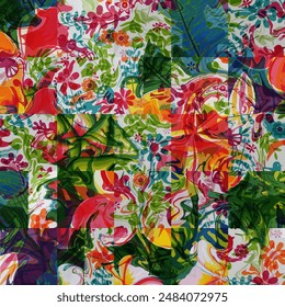 Vibrant abstract collage of floral patterns in red, green, yellow, and blue hues. The intricate design combines organic shapes and vivid colors, creating a dynamic composition reminiscent of a garden.