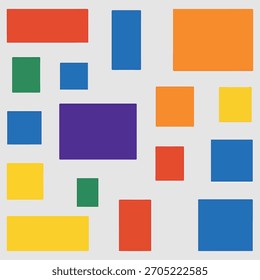 Una composición vibrante y abstracta de coloridos rectángulos geométricos y cuadrados dispuestos en un patrón dinámico y juguetón sobre un fondo gris claro.