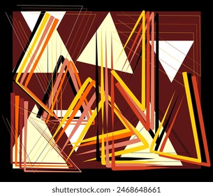 A vibrant abstract composition features a dynamic arrangement of geometric shapes and lines in shades of red, yellow, and brown, set against a dark background