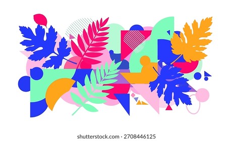 Una vibrante composición abstracta con hojas estilizadas de colores y varias Formas geométricas sobre un fondo blanco. El diseño moderno utiliza una paleta de colores llamativos y planos.