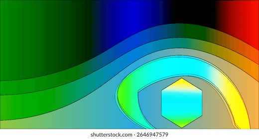 Vibrant abstract composition featuring a dynamic geometric shape amidst flowing multicolored gradients. Ideal for creative projects, modern designs
