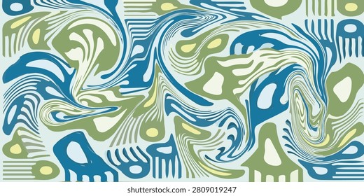 A vibrant abstract composition featuring fluid, swirling shapes and intricate patterns in shades of blue, green, and light yellow, creating a dynamic and visually engaging design.
