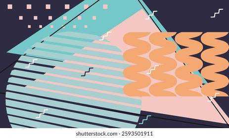 A vibrant abstract composition featuring geometric shapes, wavy patterns, and diagonal stripes in pastel and dark tones. A modern Memphis-style background perfect for digital design and branding.