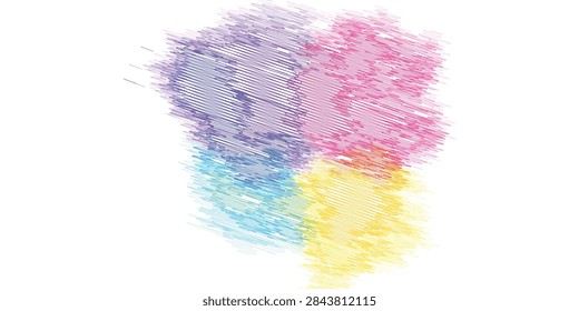 A vibrant abstract composition featuring multi-colored paint brush strokes in purple, pink, blue, and yellow, set against a clean white backdrop.