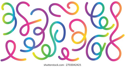 A vibrant abstract composition featuring neon-colored, glowing, curly lines that twist and loop against a stark black background, creating a sense of dynamic energy and fluid motion.