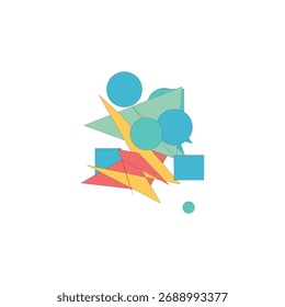 A vibrant abstract composition featuring overlapping geometric shapes, including triangles, circles, and squares, in various shades of blue, green, yellow, and red.
