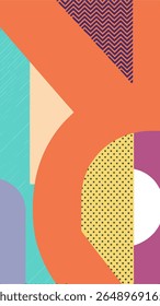 A vibrant abstract composition featuring a playful mix of geometric shapes, bold colors, and diverse patterns like polka dots, chevrons, and diagonal lines.