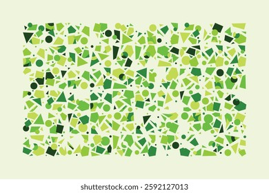 A vibrant abstract composition featuring scattered green geometric shapes, including circles, triangles, and squares. The dynamic layout creates a sense of movement, randomness, and visual energy.