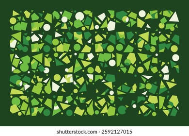 A vibrant abstract composition featuring scattered green geometric shapes, including circles, triangles, and squares. The dynamic layout creates a sense of movement, randomness, and visual energy.
