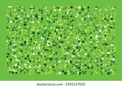 A vibrant abstract composition featuring scattered green geometric shapes, including circles, triangles, and squares. The dynamic layout creates a sense of movement, randomness, and visual energy.
