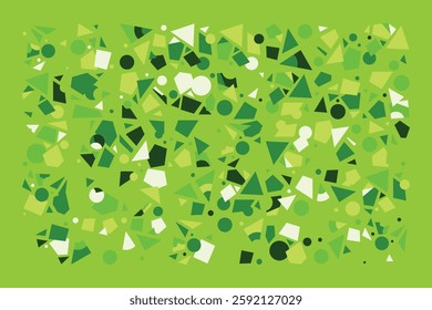 A vibrant abstract composition featuring scattered green geometric shapes, including circles, triangles, and squares. The dynamic layout creates a sense of movement, randomness, and visual energy.