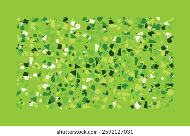 A vibrant abstract composition featuring scattered green geometric shapes, including circles, triangles, and squares. The dynamic layout creates a sense of movement, randomness, and visual energy.