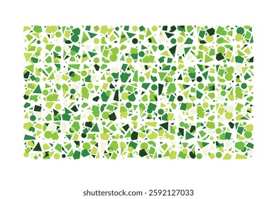 A vibrant abstract composition featuring scattered green geometric shapes, including circles, triangles, and squares. The dynamic layout creates a sense of movement, randomness, and visual energy.