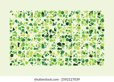 A vibrant abstract composition featuring scattered green geometric shapes, including circles, triangles, and squares. The dynamic layout creates a sense of movement, randomness, and visual energy.