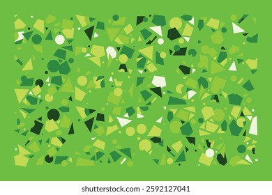 A vibrant abstract composition featuring scattered green geometric shapes, including circles, triangles, and squares. The dynamic layout creates a sense of movement, randomness, and visual energy.