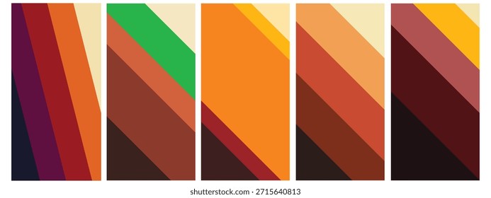 Uma composição abstrata vibrante com uma série de cinco painéis verticais, cada um preenchido com listras diagonais em uma rica paleta de tons de terra quente, incluindo vários tons de laranja, marrom e vermelho,.